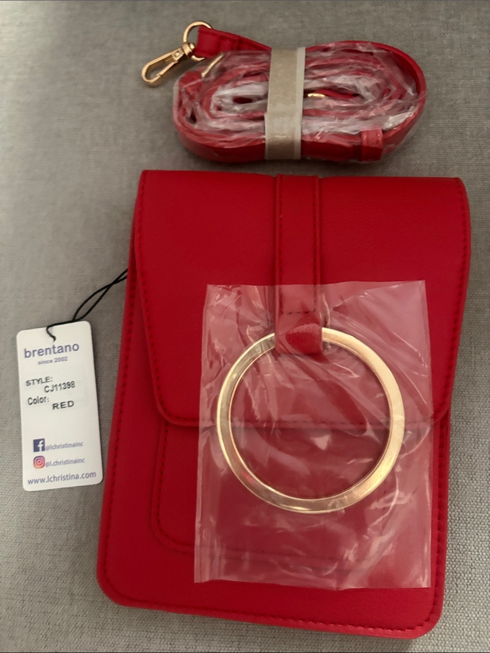 brentano Red Crossbody Bag with Gold Ring Accent